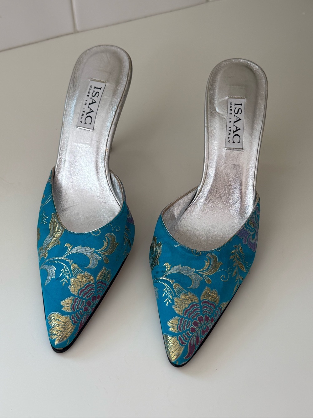 Isaac Mizrahi Teal Floral Brocade Pointed Mules with Gold Embroidery